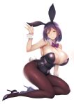  1girl absurdres animal_ears areola_slip areolae bangs black_hair black_leotard breasts bunny_ears bunny_tail covered_navel detached_collar earrings fingernails full_body hair_ornament hand_up high_heels highleg highleg_leotard highres jewelry kagami_uekusa kneeling large_breasts leotard lips nijisanji pantyhose parted_lips shiny shiny_clothes shiny_hair shiny_skin shizuka_rin short_hair simple_background smile solo strapless strapless_leotard tail virtual_youtuber white_background wrist_cuffs yellow_eyes 