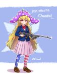  1girl alternate_costume assault_rifle blazer blonde_hair bow bowtie chauchat clownpiece commentary_request gun highres holding holding_gun holding_weapon jacket long_hair miniskirt moon_rabbit outline pink_skirt pleated_skirt red_bow red_neckwear rifle shitacemayo skirt solo touhou very_long_hair weapon weapon_request white_outline 