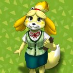  1:1 2018 4_fingers abstract_background animal_crossing anthro bell black_eyes bottomwear canid canine canis clothing domestic_dog female fingers grin grinex holding_object isabelle_(animal_crossing) looking_at_viewer mammal nintendo shirt skirt smile solo topwear video_games 