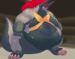  2019 4_toes 5_fingers anthro belly big_belly demon_lord_dragon_batzz dragon feet fingers future_card_buddyfight grinex hair horn hyper hyper_belly long_hair male overweight red_hair solo standing sumo toes 