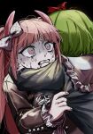  2girls arms_around_neck ashitaba_yade bangs black_background black_shirt bow clenched_teeth commentary_request crying crying_with_eyes_open danganronpa_(series) danganronpa_another_episode:_ultra_despair_girls dress frills green_hair hair_bow hair_ribbon highres holding hug long_hair long_sleeves monaka_(danganronpa) multiple_girls pink_eyes pink_hair red_ribbon ribbon scared shirt short_hair tears teeth twintails upper_body utsugi_kotoko 