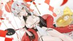  1girl artist_request azur_lane bangs bare_shoulders blush breasts collarbone detached_sleeves dress hair_between_eyes hair_ornament highres horns kinu_(azur_lane) lantern looking_at_viewer official_art ohisashiburi oni_horns paper_lantern short_hair solo source_request waifu2x white_hair yellow_eyes 