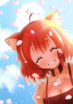  1girl absurdres ahoge blush breasts cherry_blossoms cleavage cleavage_cutout closed_eyes clothing_cutout cloud eyebrows_visible_through_hair highres large_breasts looking_at_viewer minaduki_miyabi nijisanji open_mouth ratna_petit red_hair red_panda_ears red_panda_girl short_hair sky smile virtual_youtuber 