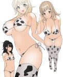  3girls animal_print bangs bare_shoulders bikini black_hair blonde_hair blue_eyes blush breasts brown_eyes cleavage collarbone cow_print grey_eyes hachimiya_meguru hair_ornament hairclip highres idolmaster idolmaster_shiny_colors kazano_hiori large_breasts light_brown_hair long_hair looking_at_viewer low_twintails multiple_girls navel open_mouth ponytail purumetal sakuragi_mano simple_background small_breasts smile swimsuit thighhighs thighs twintails white_background white_bikini white_legwear 