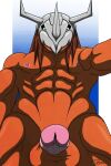  2014 abs balls brown_hair digimon digimon_(species) genitals greymon hair hi_res humanoid humanoid_genitalia humanoid_penis iudicium86 looking_at_viewer male nipples nude orange_body pecs penis pink_nipples simple_background solo 