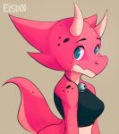  anthro bell bell_collar blue_eyes breasts clothing collar elsian female horn kobold looking_at_viewer pink_body pink_scales reptile scales scalie simple_background solo tagme 