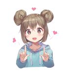  1girl :3 :d bangs blue_hoodie blush brown_eyes brown_hair cropped_torso double_bun drawstring eyebrows_visible_through_hair hair_between_eyes hands_up heart heart-shaped_pupils hood hood_down hoodie index_fingers_raised long_sleeves looking_at_viewer newey open_mouth original puffy_long_sleeves puffy_sleeves short_hair simple_background smile solo symbol-shaped_pupils upper_body white_background 