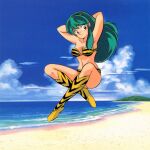  1980s_(style) 1girl animal_print armpits arms_behind_head arms_up beach bikini blue_eyes blue_sky boots crossed_legs day eyeshadow floating food full_body green_hair highres horns knee_boots levitation looking_at_viewer lum makeup ocean official_art oni oni_horns onigiri outdoors retro_artstyle sand shore sky smile solo strapless strapless_bikini swimsuit tiger_stripes urusei_yatsura water 