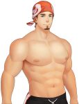  1boy abs artist_request bandana bara billy_(gyee) black_pants blue_eyes brown_hair bulge cowboy_shot facial_hair goatee gyee large_pectorals male_focus muscular muscular_male navel nipples official_alternate_costume official_art pants shirtless short_hair smile solo stomach 