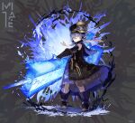  1girl ancient_killers_(phantom_of_the_kill) black_dress black_footwear black_gloves boots closed_mouth commentary_request company_name dress full_body gloves glowing glowing_weapon grey_background grey_hair hat highres holding looking_at_viewer ness_(phantom_of_the_kill) official_alternate_costume official_art phantom_of_the_kill pile_bunker purple_eyes second-party_source simple_background solo two-handed watarubou weapon 