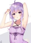  1girl ahoge armpits arms_up bangs bare_arms bare_shoulders blush collarbone criss-cross_halter dress eyebrows_visible_through_hair frilled_dress frills grey_background hair_between_eyes halterneck long_hair looking_at_viewer omuretsu parted_lips purple_dress purple_eyes purple_hair signature solo two-tone_background upper_body voiceroid white_background yuzuki_yukari 