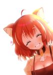  1girl absurdres ahoge blush breasts cleavage cleavage_cutout closed_eyes clothing_cutout eyebrows_visible_through_hair highres large_breasts looking_at_viewer minaduki_miyabi nijisanji open_mouth ratna_petit red_hair red_panda_ears red_panda_girl short_hair simple_background smile virtual_youtuber 