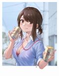  1girl :q absurdres bangs beer_can blue_shirt blurry blurry_background blush bra bra_peek breasts brown_eyes brown_hair can cleavage closed_mouth collared_shirt day depth_of_field douki-chan_(yomu_(sgt_epper)) eyebrows_visible_through_hair ganbare_douki-chan highres holding holding_can joeychen looking_at_viewer medium_breasts outdoors partially_unbuttoned pov red_bra shirt short_hair short_ponytail short_sleeves sidelocks smile solo swept_bangs tongue tongue_out underwear 