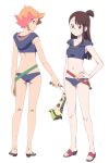  2girls adapted_costume amanda_o&#039;neill armpit_peek ass bikini blue_bikini breasts brown_hair collarbone eyebrows_visible_through_hair full_body green_eyes hand_on_hip highres kagari_atsuko little_witch_academia looking_at_viewer looking_back midriff multiple_girls navel orange_hair red_eyes sandals satochi_(twitter) short_hair simple_background small_breasts standing swimsuit white_background 