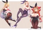  3girls absurdres animal_ears ass blonde_hair braid breasts brown_hair bunny_ears bunny_tail capelet cleavage closed_mouth covered_navel detached_collar full_body furen_e_lustario green_eyes hair_ornament high_heels highres hood hoshikawa_sara huge_breasts huge_filesize kagami_uekusa kneeling large_breasts leotard lips long_hair looking_at_viewer multiple_girls nijisanji off_shoulder pantyhose playboy_bunny purple_eyes red_eyes shiny shiny_clothes side_ponytail simple_background smile strapless strapless_leotard tail tied_hair twin_braids virtual_youtuber warabeda_meijii x_hair_ornament 