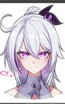  +_+ 1girl ahoge bare_shoulders earrings eyeshadow hair_between_eyes hair_bun hair_ornament highres honkai_(series) honkai_impact_3rd huge_ahoge jewelry kiana_kaslana kiana_kaslana_(herrscher_of_finality) light_smile makeup portrait rufighter86 sidelocks solo white_background white_hair 