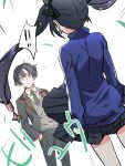  !! 1boy 1girl accidental_exposure black_hair blazer blue_eyes blue_hair earrings genshin_impact hair_ornament jacket jewelry long_sleeves mona_(genshin_impact) necktie pants pleated_skirt rome_romedo scaramouche school_uniform skirt skirt_lift standing star_(symbol) star_earrings star_hair_ornament thought_bubble track_jacket twintails wind wind_lift 