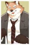 2021 anthro black_nose brown_body brown_fur canid canine clothing eyes_closed fox fur hi_res humanoid_hands kemono male mammal necktie omochi_kuitai overweight overweight_male shirt solo tongue tongue_out topwear 