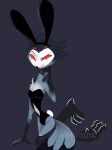  4_eyes anthro avian bird bunny_ears_(disambiguation) clothed clothing crossdressing demon feathers helluva_boss hi_res leotard male multi_eye owl red_eyes simple_background solo stolas_(vivzmind) tail_feathers 