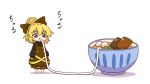 1girl blonde_hair blush_stickers bow brown_bow brown_dress brown_eyes chibi commentary_request dress eating food full_body hair_bow highres kurodani_yamame shitacemayo short_hair simple_background slurping solo soup standing touhou white_background 