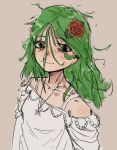  1girl beige_background blush collarbone drawfag english_commentary flower green_eyes green_hair hair_over_face indie_virtual_youtuber jewelry koopa_fortuna medium_hair necklace off-shoulder_shirt off_shoulder red_flower red_rose rose second-party_source shirt sketch solo white_shirt 