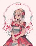  1girl akamatsu_kaede alternate_hairstyle artist_name bangs bare_shoulders blonde_hair breasts collarbone commentary cowboy_shot danganronpa_(series) danganronpa_10th_anniversary_costume danganronpa_v3:_killing_harmony dress english_commentary flower hair_bun hair_flower hair_ornament heart highres large_breasts long_hair looking_at_viewer musical_note_hair_ornament official_alternate_costume pink_dress red_eyes ribbon rina_(crystalrina) smile solo standing white_background 