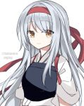  1girl brown_eyes fathom headband highres japanese_clothes kantai_collection long_hair looking_at_viewer muneate red_headband shoukaku_(kancolle) silver_hair simple_background smile solo tasuki twitter_username upper_body white_background 