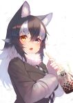  1girl absurdres animal_ears black_hair blue_eyes blush breasts bubble_tea drink drinking_straw fang fur_collar gloves grey_wolf_(kemono_friends) heterochromia highres kemono_friends multicolored_hair open_mouth plaid_neckwear simple_background skin_fang solo st.takuma two-tone_hair white_background white_gloves white_hair wolf_ears wolf_girl yellow_eyes 
