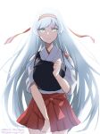  1girl commentary_request cowboy_shot hakama hakama_skirt headband highres japanese_clothes johssnny kantai_collection long_hair looking_at_viewer muneate red_hakama red_headband shoukaku_(kancolle) simple_background solo standing tasuki white_background white_hair yellow_eyes 