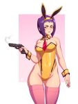  1girl absurdres animal_ears ass_visible_through_thighs bare_shoulders between_breasts border breasts bunny_ears commentary covered_navel cowboy_bebop detached_collar english_commentary fake_animal_ears faye_valentine glock green_eyes gun hairband handgun highres holding holding_gun holding_weapon leotard lips lipstick makeup medium_breasts necktie necktie_between_breasts outside_border pink_background pink_legwear pistol playboy_bunny red_neckwear rizdraws short_hair sleeveless smoke smoking_gun solo standing strapless strapless_leotard thick_thighs thighhighs thighs trigger_discipline weapon white_border wide_hips wrist_cuffs yellow_hairband yellow_leotard 