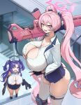  +_+ 2girls absurdres aged_up alternate_breast_size ass black_gloves blue_archive blue_eyes breasts button_gap cleavage dual_wielding fang fingerless_gloves gloves gun halo highres holding huge_breasts jacket knee_pads koyuki_(blue_archive) light_machine_gun long_hair machine_gun microskirt multiple_girls nasuta5mamma open_clothes open_jacket over_shoulder paid_reward_available pink_eyes pink_hair purple_hair shirt single_knee_pad skirt submachine_gun thigh_strap thighhighs twintails undersized_clothes v very_long_hair weapon weapon_over_shoulder white_shirt white_thighhighs yuuka_(blue_archive) 