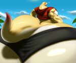  2020 absurd_res anthro belly big_belly big_butt big_muscles blush butt clothing cloud day duffy_the_gecko gecko grinex hi_res huge_butt huge_muscles hyper hyper_butt lizard looking_at_viewer male musclegut muscular palms rear_view reptile scalie shirt sky solo thick_tail topwear underwear 