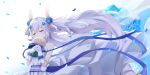  1girl animal_ears azur_lane bangs bare_shoulders blue_flower blush breasts bunny_ears closed_eyes dress eyebrows_visible_through_hair fake_animal_ears flat_chest flower gloves hair_between_eyes hair_flower hair_ornament hair_ribbon holding holding_flower laffey_(azur_lane) long_hair parted_lips ribbon silver_hair simple_background sleeveless sleeveless_dress small_breasts solo twintails very_long_hair white_background white_dress white_flower white_ribbon white_theme zhen_jian 