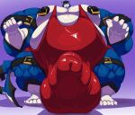  2020 5_fingers 5_toes anthro balls barazoku belly belt big_balls big_belly big_bulge big_muscles big_penis black_hair bulge erection feet fingers genitals grin hair hi_res huge_balls huge_bulge huge_muscles huge_penis hyper hyper_balls hyper_bulge hyper_genitalia hyper_muscles hyper_penis looking_at_viewer male multicolored_body multicolored_skin musclegut muscular muscular_anthro muscular_male nipple_piercing nipples penis piercing smile solo standing toes wrestling_singlet 
