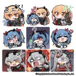  3girls ? anger_vein angry animal_ears bangs black_gloves blonde_hair blue_gloves blue_hair blush bunny_hair_ornament charolic_(girls&#039;_frontline_2) chibi colphne_(girls&#039;_frontline_2) commentary_request eyebrows_visible_through_hair fake_animal_ears girls&#039;_frontline_2:_exilium gloves grey_hair hair_between_eyes hair_ornament hair_ribbon happy headpat headset heart long_hair long_sleeves looking_at_viewer madcore medium_hair military military_uniform multiple_girls ok_sign orange_eyes ots-14_(girls&#039;_frontline) red_eyes red_ribbon ribbon sharp_teeth smile syringe teeth translation_request twintails uniform upper_body watch 