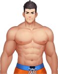  1boy abs artist_request bara brown_hair game_model gyee large_pectorals lee_(gyee) male_focus muscular muscular_male navel nipples official_art orange_eyes orange_shorts shirtless short_hair shorts smile solo stomach 