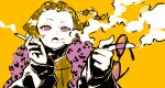  1girl absurdres animal_print anya_melfissa black_mask blonde_hair braid brown_eyes brown_hair cigarette collar futomoy hashtag highres holding holding_cigarette holding_removed_eyewear hololive hololive_indonesia leopard_print long_sleeves multicolored_hair open_mouth sketch smoke smoking solo sunglasses unworn_eyewear virtual_youtuber yellow_background 