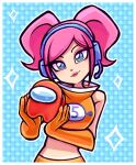 1girl 1other among_us blue_eyes crop_top crossover cyber_fashion earpiece elbow_gloves gloves headphones linterteatime pink_hair red_(among_us) shirt short_hair short_twintails skirt sleeveless space_channel_5 twintails ulala 