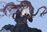  1girl bangs black_serafuku black_shirt black_skirt blue_background braid brown_hair commentary_request cowboy_shot danganronpa:_trigger_happy_havoc danganronpa_(series) floating_hair fukawa_touko gihan_(ourlast) glasses hair_between_eyes hands_on_own_face hands_up long_hair long_skirt long_sleeves looking_at_viewer neckerchief pale_skin pleated_skirt sailor_collar school_uniform serafuku shirt skirt solo sweat 