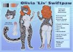  anthro balls big_breasts blue_eyes breasts english_text felid feline fur genitals gynomorph hair hi_res intersex liv_swiftpaw long_hair long_tail mammal model_sheet olivia_swiftpaw pantherine penis red_hair ribr0t smile snow_leopard solo spots spotted_body spotted_fur text thick_thighs 