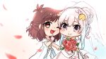  2girls absurdres airani_iofifteen airani_iofifteen_(artist) blue_hair bouquet bridal_veil brown_hair chibi dress english_commentary flower gradient_hair hair_bun highres holding holding_bouquet holding_hands hololive hololive_indonesia indie_virtual_youtuber looking_at_viewer multicolored_hair multiple_girls one_eye_closed open_mouth palette_hair_ornament petals pink_hair purple_eyes red_flower red_rose rose side_ponytail smile template veil virtual_youtuber vyolfers vyolfers_(vtuber) wedding_dress wife_and_wife 