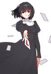  1girl black_dress black_eyes black_hair breasts card dress ebora highres juliet_sleeves kuonji_alice long_sleeves looking_at_viewer mahou_tsukai_no_yoru outstretched_arm puffy_sleeves short_hair small_breasts solo 