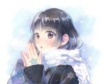  1girl :o alternate_costume bangs black_hair blush breasts breath brown_eyes jin_akhr long_hair looking_at_viewer master_2_(tokyo_houkago_summoners) scarf smile solo tokyo_houkago_summoners upper_body warming_hands white_scarf winter_clothes 