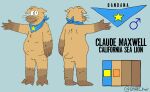2024 3_toes 4_fingers absurd_res anthro arm_markings arm_out artist_name bandanna bandanna_only belly belly_fluff belly_overhang big_belly black_whiskers blue_kerchief blue_neckerchief bright_eyes brown_arms brown_body brown_feet brown_fur brown_hands brown_legs brown_nose brown_snout button_ears california_sea_lion cattlechoir chest_tuft claude_maxwell color_swatch dark_body dark_fur digital_drawing_(artwork) digital_media_(artwork) english_text facial_markings featureless_crotch feet fingers floppy_ears fluffy foot_markings front_view fur fur_pattern gender_symbol gloves_(marking) hand_markings head_markings head_tuft hi_res kerchief kerchief_only kiwifruitdev leg_markings long_fingers looking_at_viewer male male_symbol mammal marine markings model_sheet mostly_nude mouth_closed mouth_shot multicolored_body multicolored_fur multicolored_kerchief multicolored_neckerchief multiview navel neckerchief nose_markings open_mouth orange_eyes outline outline_text overweight overweight_male pink_body pink_mouth pinniped rear_view scruffy sea_lion short_tail shoulder_blades signature simple_background slit_nostrils small_iris smile snout snout_markings socks_(marking) solo species_name standing star_(shape) striped_arms striped_body striped_fur striped_legs stripes symbol tail text toes tongue tuft two_tone_kerchief two_tone_neckerchief whiskers