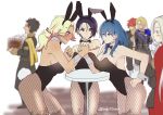  3boys animal_ears armor ass asymmetrical_hair black_hair black_leotard blonde_hair blue_eyes blush box breasts bunny_ears bunny_tail byleth_(fire_emblem) byleth_(fire_emblem)_(female) cape catherine_(fire_emblem) claude_von_riegan dark_skin detached_collar dimitri_alexandre_blaiddyd edelgard_von_hresvelg fake_animal_ears fighting fire_emblem fire_emblem:_three_houses fishnet_legwear fishnets garreg_mach_monastery_uniform gloves holding_hands kemonomimi_mode leotard long_hair multiple_boys multiple_girls pantyhose playboy_bunny ponytail raki_(kuroe) red_hair shamir_nevrand strapless strapless_leotard sylvain_jose_gautier tail wrist_cuffs yuri 