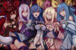  5girls alternate_color alternate_costume ass bangs bare_shoulders belt black_hair black_ribbon blonde_hair blue_eyes blue_hair breasts brown_hair buttons choker cleavage detached_sleeves dizzy_(guilty_gear) eyebrows_visible_through_hair guilty_gear guilty_gear_xrd hair_between_eyes hair_ribbon hair_rings highres large_breasts midriff multiple_girls oeillet_vie open_mouth panties pink_ribbon red_eyes red_ribbon ribbon simple_background sketch smile tail tail_ornament tail_ribbon twintails underwear white_hair wide_sleeves 