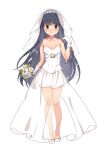  1girl blue_hair blush bouquet breasts bridal_gauntlets bridal_veil bride cleavage collarbone commentary dress flower high_heels highres hotaru_iori implied_yuri long_hair looking_at_viewer purple_eyes see-through shima_rin shoes small_breasts smile solo veil very_long_hair wedding_dress yurucamp 