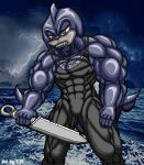  anthro black_outfit bns_arts fish male marine melee_weapon muscular muscular_male razor_the_shark shark solo sonic_the_hedgehog_(series) sword t.n. weapon yellow_eyes 