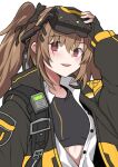  1girl bangs black_gloves black_ribbon blush brown_eyes brown_hair collared_shirt eyebrows_visible_through_hair fingerless_gloves girls_frontline gloves goggles goggles_on_head hair_ornament hair_ribbon hairclip hand_on_goggles highres jacket jjuwaap long_hair long_sleeves looking_at_viewer mod3_(girls_frontline) open_clothes open_jacket open_mouth open_shirt ribbon scar scar_across_eye shirt smile solo sports_bra twintails ump9_(girls_frontline) white_background white_shirt 