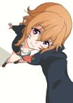  1girl black_jacket blush breasts brown_hair cardigan closed_mouth collared_shirt commentary dress_shirt from_above full_body green_ribbon hair_ornament hairclip highres jacket konoe_kanata large_breasts long_hair long_sleeves looking_at_viewer loose_neck_ribbon love_live! love_live!_nijigasaki_high_school_idol_club medium_breasts neck_ribbon nijigasaki_school_uniform open_clothes open_jacket poizun_(user_wmgk4287) purple_eyes red_cardigan ribbon school_uniform selfie shirt smile solo white_shirt winter_uniform 